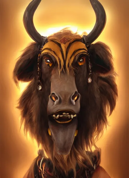 Prompt: a black haired young tauren with stubble, short hair, wearing brown robes, smiling, close up, portrait style, wisdom, photographic print, artgerm, hyper - realistic