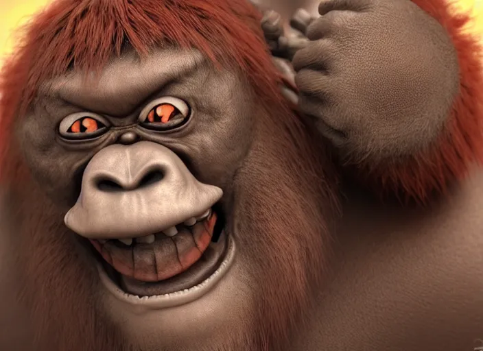 Prompt: extremely scary angry tough rough looking sumo orangutan. japanese warrior character, scary, gruffness, interesting 3 d character concept by square enix, in the style of league of legends, hyper detailed, cinematic, final fantasy, character concept, ray tracing, fur details, maya, c 4 d, artstation