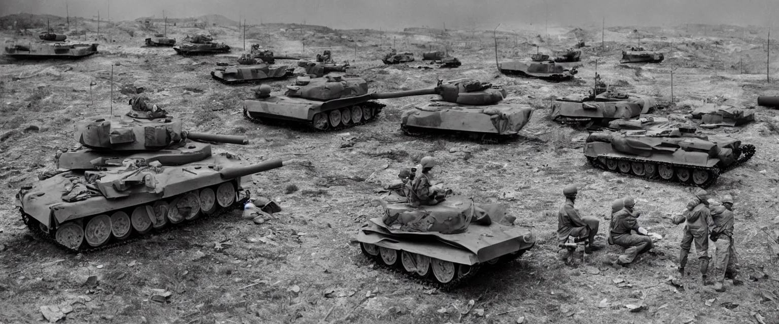 Prompt: detailed sharp photograph in the style of popular science circa 1 9 5 5 and gregory crewdson of soldiers on a tank in korean war