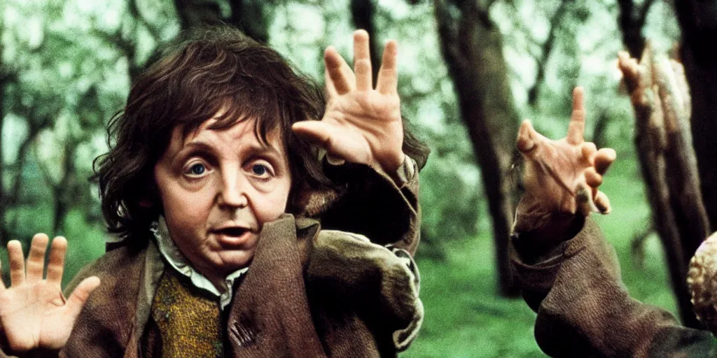 Image similar to A full color still of Paul McCartney dressed as a hobbit, holding his palm up, directed by Stanley Kubrick, 35mm, 1970