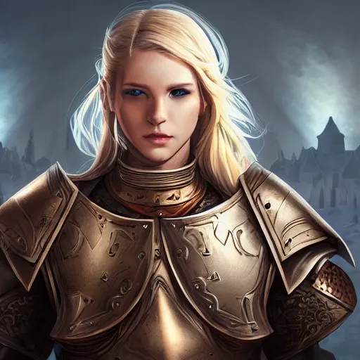 Image similar to fantasy RPG symmetrical portrait, centered shoulders up view, young blonde woman, blonde hair, blue eyes, level 1 plate armour, pale skin, 4k,in Gloomhaven style, highly detailed, soft lighting 8k resolution
