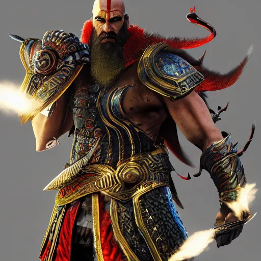 Image similar to an ultra detailed 3 d render of the sun tzu dressed like kratos as an elden ring boss, epic anime fantasy, 8 k, in the style of a fantasy metal album cover and magic the gathering, volumetric lighting, smooth, highly detailed, digital illustration, octane render, art by albert bierstadt and greg rutkowsi, artstation