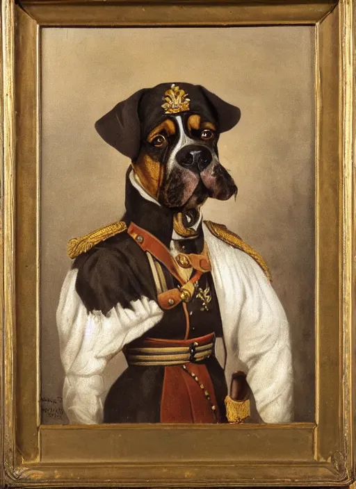 Prompt: an oil portrait of a dog dressed as a 1 9 th century german general