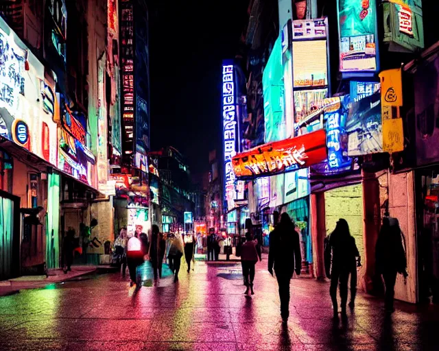 Image similar to people walking down a cyberpunk street at night