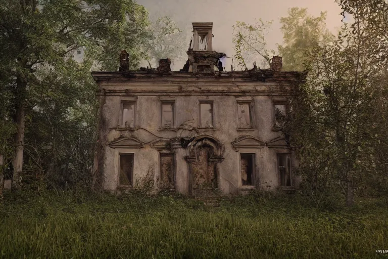 Image similar to ruined, abandoned polish mansion, seen from inside and overgrown by plants. Low camera angle. 40 mm lens. First light of day falls through the broken windows. Dirt, leaves on ground. Warm colors. Octane render. Substance painter. Zbrush. Trending on artstation. 8K. Highly detailed.