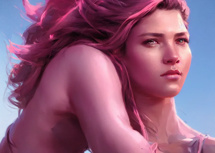 Prompt: an portrait of a beautiful female survivor in a pink t shirt, apocalyptic city backround, shiny skin, flowing tied hair, fine details. night setting. realistic shaded lighting poster by craig mullism, artgerm, jeremy lipkin and michael garmash, unreal engine, radiant light, detailed and intricate environment, digital art, trending on art station,