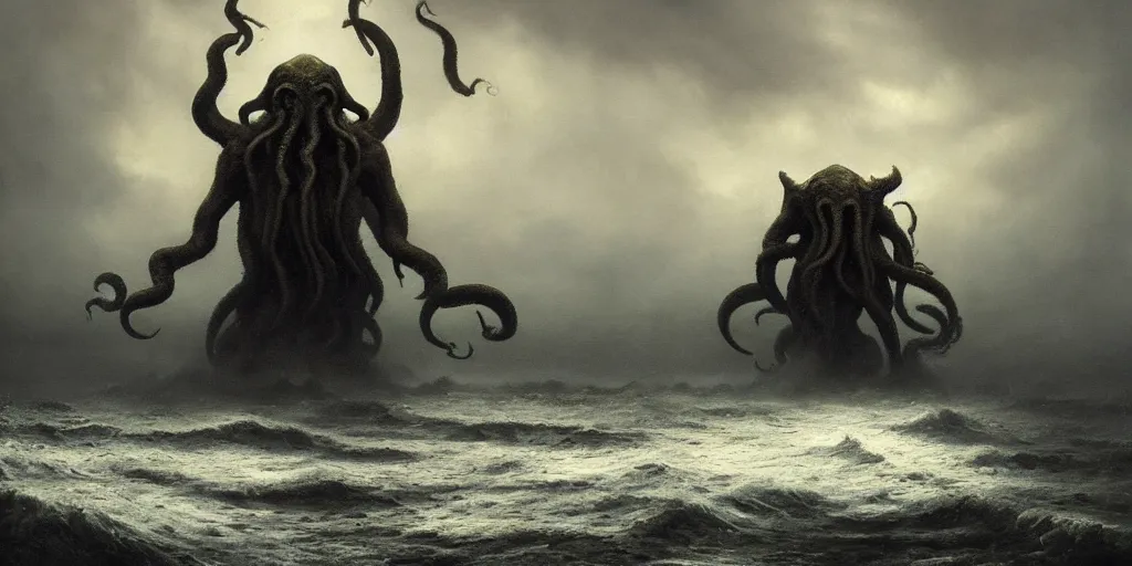 Image similar to cthulhu rising out of the ocean, hyper realistic oil painting, dark, moody cinematic lighting, creepy, fog, storm clouds, by greg rutkowski, trending on artstation