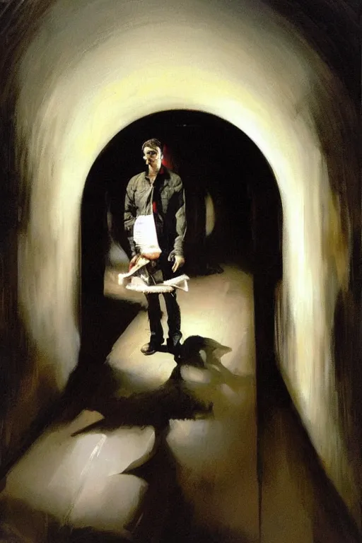 Image similar to Phil Hale artwork, A man with a wooden box under his arm stands inside a dark tunnel, looking up with an expression of horror