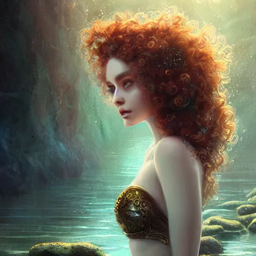 Image similar to beautiful mermaid with curly hair, magical details, magical atmosphere, cinematic lighting, hyper - detailed, cgsociety, 8 k, high resolution, in the style of charlie bowater, tom bagshaw, alexis franklin, elena masci, pawel rebisz