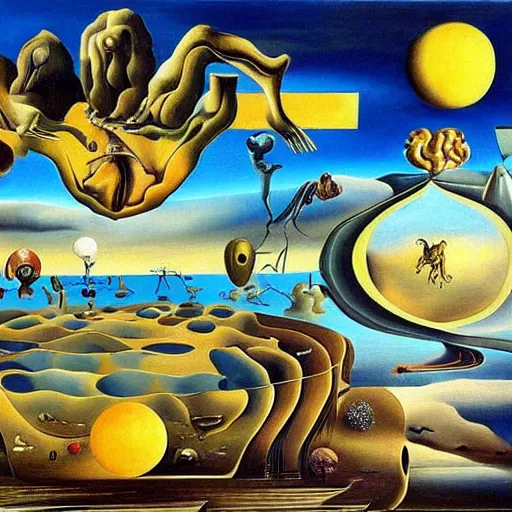 Prompt: surrealism painting, salvador dali style, extremly high quality, cosmic entities in vast spaces