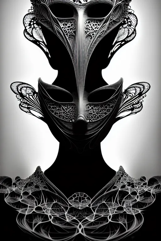 Prompt: portrait of a young beautiful woman with a mask. speed painting, fractal, mandelbulb. black and white, black on black. intricate, elegant, super highly detailed, professional digital painting, smooth, extreme illustration, Unreal Engine 5, Photorealism, HD quality, 8k resolution, 3D, beautiful, cinematic, art. art deco, art nouveau.