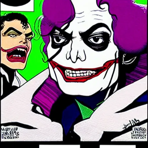 Image similar to dynamic macro head portrait of beautifu michael jackson as the joker in white sequined jacket by john romita sr and cory walker and ryan ottley and jack kirby and barry windsor - smith, comic, illustration, photo real