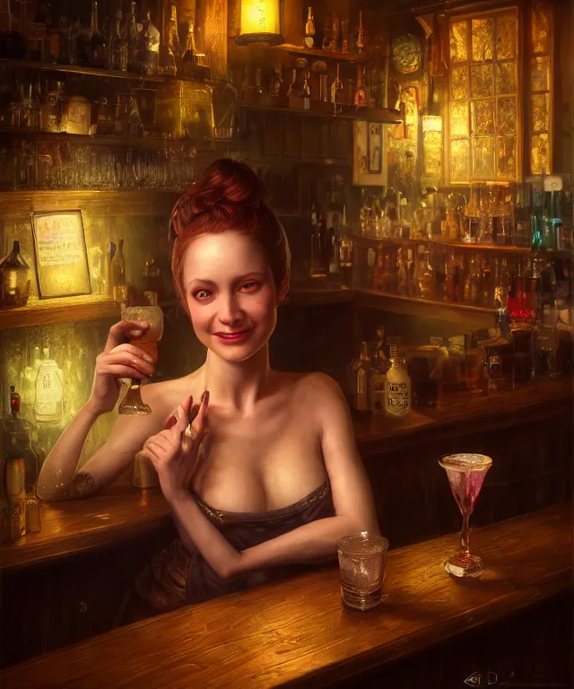 Image similar to hyperrealistic mixed media painting of a beautiful smiling charismatic barmaiden, dimly lit cozy tavern, confident relaxed pose, fantasy, stunning 3d render inspired art by Gerald Brom and Anna Dittmann + perfect facial symmetry + dim volumetric lighting, 8k octane beautifully detailed render, post-processing, extremely hyperdetailed, intricate, epic composition, grim yet sparkling atmosphere, cinematic lighting + masterpiece, trending on artstation, very very detailed, masterpiece, stunning