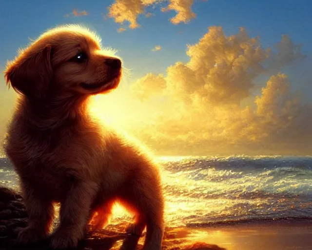 Image similar to a cute puppy with its eyes closed on a very windy day, at the sea,, wind blowing through its fur, highly detailed, hyperrealistic, intricate, sunset in the background, rays of golden red sunlight, oil painting by greg rutkowski and artgerm and wlop