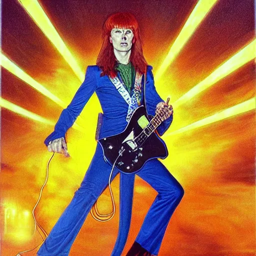 Prompt: Pre-Raphaelite portrait of 1970s David Bowie, ziggy stardust playing flying V guitar, single lighning strike in background. by Greg Hildebrandt