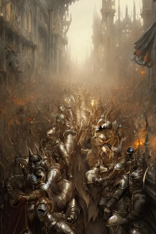 Image similar to medieval parade of knights, holiday, by wlop, by luis royo, by peter mohrbacher, concept art, digital illustration, intricate, masterpiece, elegant, super detailed, unreal engine rendering, smooth, sharp focus, artstation hq