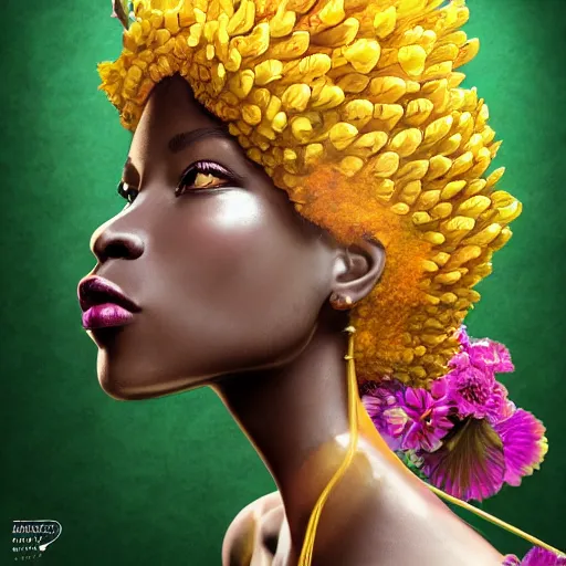 Image similar to the portrait of an absurdly beautiful, graceful, elegant young black woman made of bananas and petals looking up, an ultrafine detailed illustration by kim jung gi, irakli nadar, intricate linework, bright colors, octopath traveler, final fantasy, angular, unreal engine 5 highly rendered, global illumination, radiant light, detailed and intricate environment