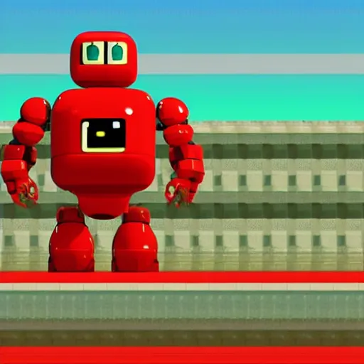 Image similar to red giant robot that towers over you from nintendo's earthbound beginnings in remastered 3 d geometry with raytraced highly reflective material, 4 k