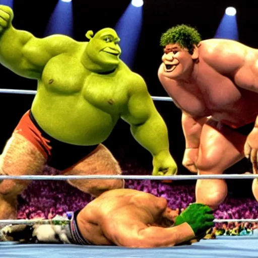 Image similar to shrek and John cena tag team fight vs andre the giant and hulk hogan at wrestlemania 8, dramatic lighting ,