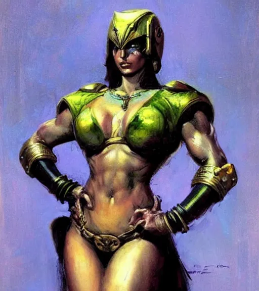 Image similar to portrait of strong iranian female chaos angel, beautiful! coherent! by frank frazetta, by brom, strong line, vivid neon color, shining metal power armor, iron helm, high contrast, maximalist