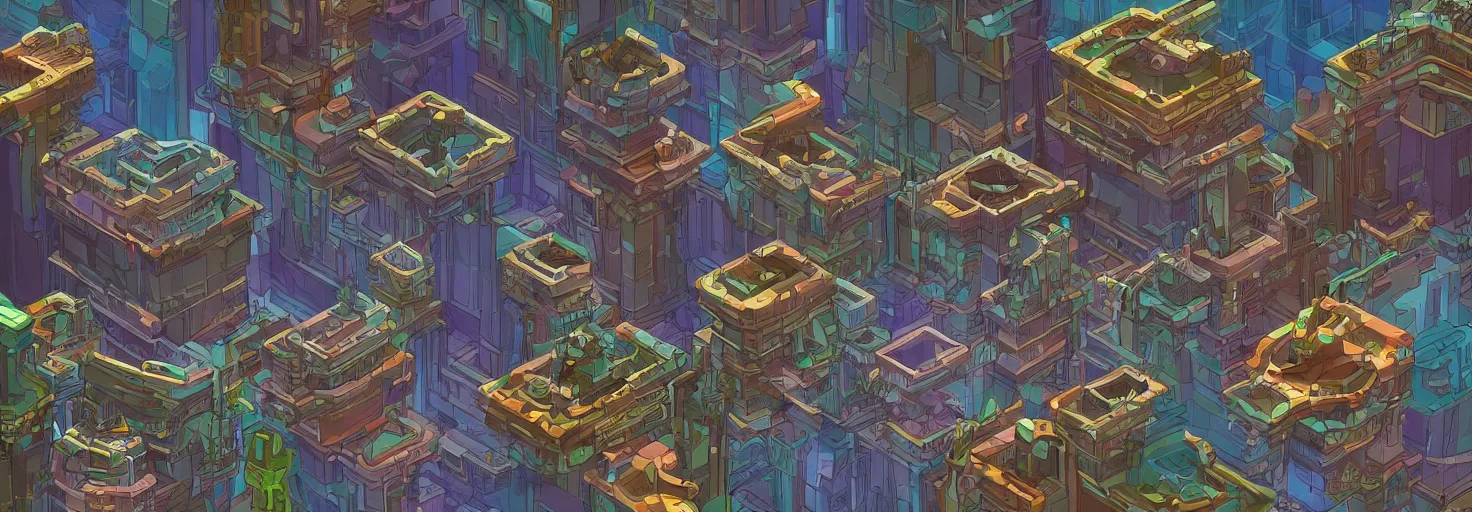 Prompt: fractal city, mandelbulber vector art, side-scrolling 2d point and click game, trending on artstation, 30mm, by Noah Bradley. Indiana Jones Color palette.