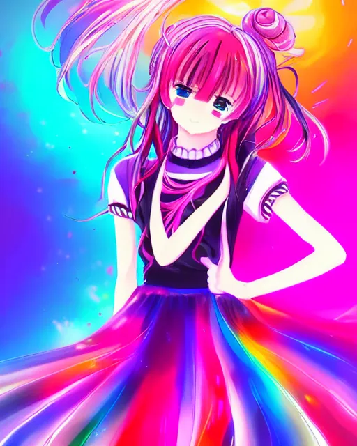 Image similar to anime style, vivid, expressive, full body, 4 k, painting, a cute magical girl idol with a long wavy colorful hair wearing a colorful dress, correct proportions, stunning, realistic light and shadow effects, neon lights, studio ghibly makoto shinkai yuji yamaguchi