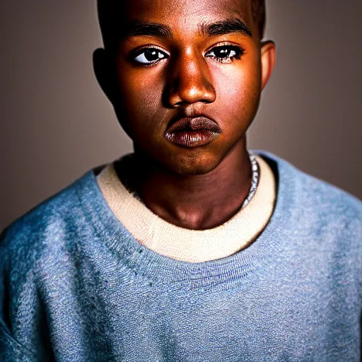 Image similar to the face of young kanye west at 1 4 years old, portrait by julia cameron, chiaroscuro lighting, shallow depth of field, 8 0 mm, f 1. 8