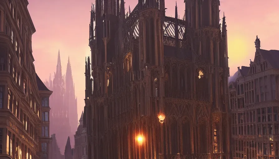 Prompt: neo - gothic brussels, view from the streets, sunset, light between buildings, empty streets, hyperdetailed, artstation, cgsociety, 8 k