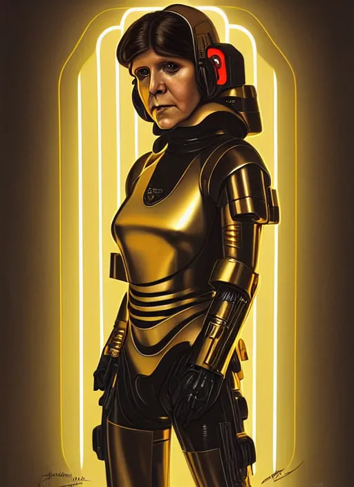 Image similar to symmetry!! portrait of young carrie fisher, gold sci - fi armour, tech wear, glowing lights!! sci - fi, intricate, elegant, highly detailed, digital painting, artstation, concept art, smooth, sharp focus, illustration, art by artgerm and greg rutkowski and alphonse mucha