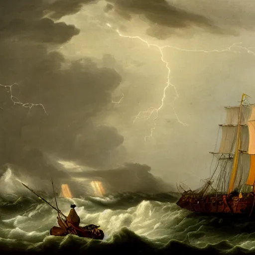 Image similar to a royal vessel in stormy seas and lightning
