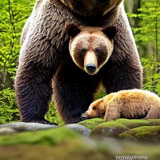 Image similar to grizzly bear and giant tardigrade meet in the forest, nature professional photography, national geographic