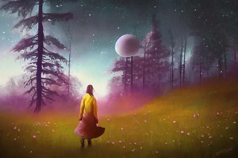 Image similar to giant daisy flower over head, girl walking in thick forest, surreal photography, dark night, stars, moon light, impressionist painting, clouds, digital painting, artstation, simon stalenhag