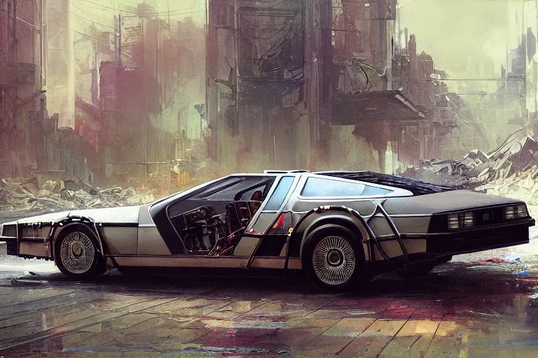 Image similar to photograph of the delorean, with a sleek spoiler, driving down the streets of a cyberpunk abandoned city, by greg rutkowski, by stanley artgerm, by alphonse mucha