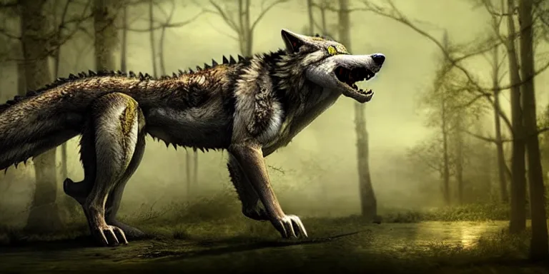 Image similar to chimera made of a wolf and a crocodile, wolf head, awarded on pixiv, ultra realism, fantasy, trending on deviantart, realistic wood swamp, professional photoshop artwork