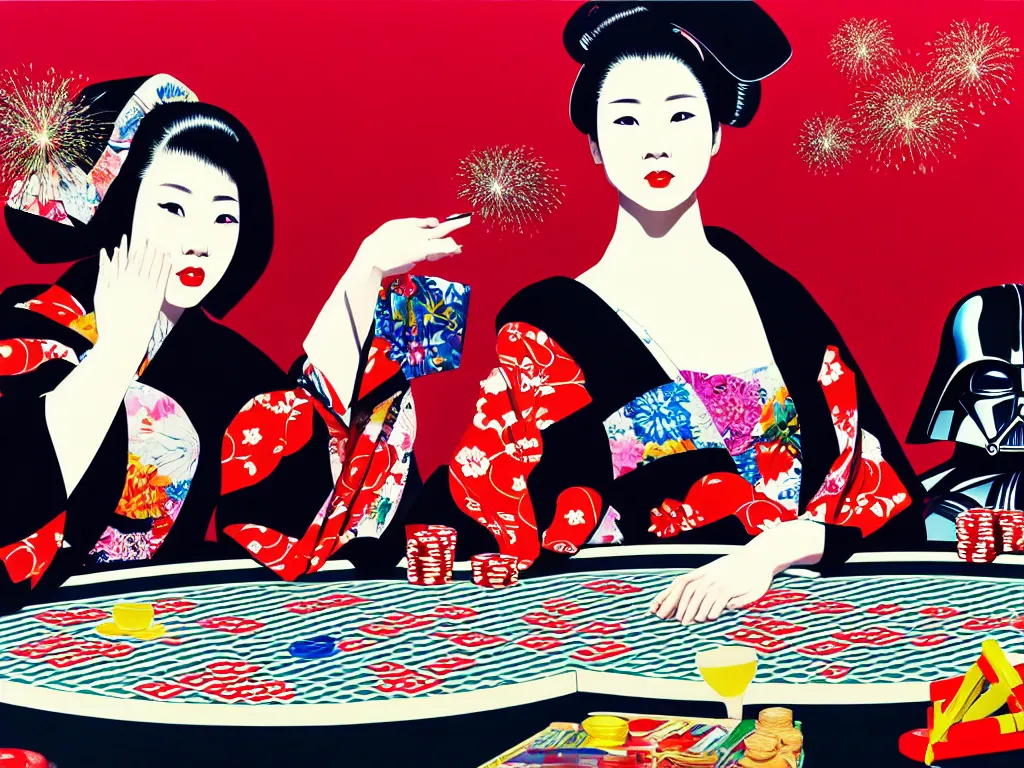 Image similar to hyperrealistic composition of the detailed woman in a japanese kimono sitting at a poker table with detailed darth vader, fireworks, mount fuji on the background, pop - art style, jacky tsai style, andy warhol style, acrylic on canvas