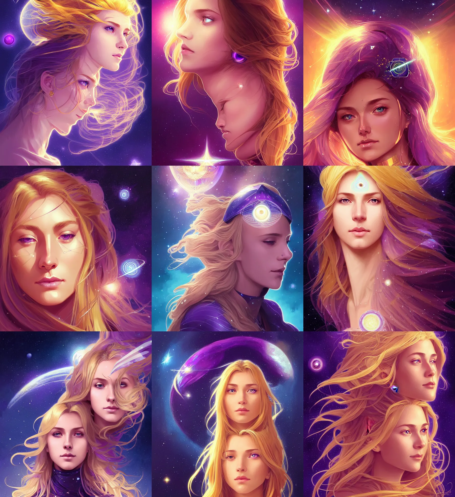 Prompt: head and shoulders portrait of a beautiful gallent golden haired girl with open purple third eye chakra, geometric third eye, attractive sci - fi face, space background, breathtaking stars, elegant, highly detailed, digital painting, artstation, concept art, smooth, sharp focus, illustration, anime asthetic, art by artgerm and greg rutkowski and alphonse mucha