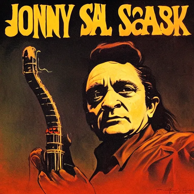 Image similar to album cover for Johnny Cash: The Snake Oil Tapes, album art by Frank Frazetta, snake oil album, snakes