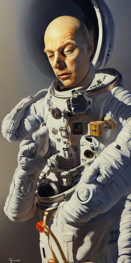 Image similar to a stunning and noble highly detailed portrait of an astronaut dissolving into dust by josep tapiro baro and edward hopper, trending on artstation, oil painting masterpiece, symmetry, mysterious, very very very aesthetic