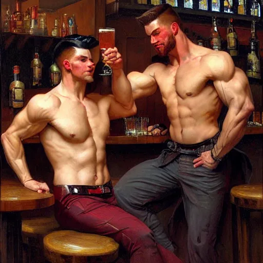 Image similar to attractive muscular male wearing pants with red hair and muscular attractive male wearing pants with black hair, drinking their hearts out, in a pub. very defined and highly detailed painting by j. c. leyendecker, gaston bussiere, craig mullins 8 k