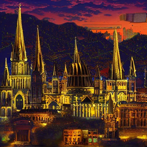 Prompt: fictional city in south america with gothic architecture at night, very details, photorealistic