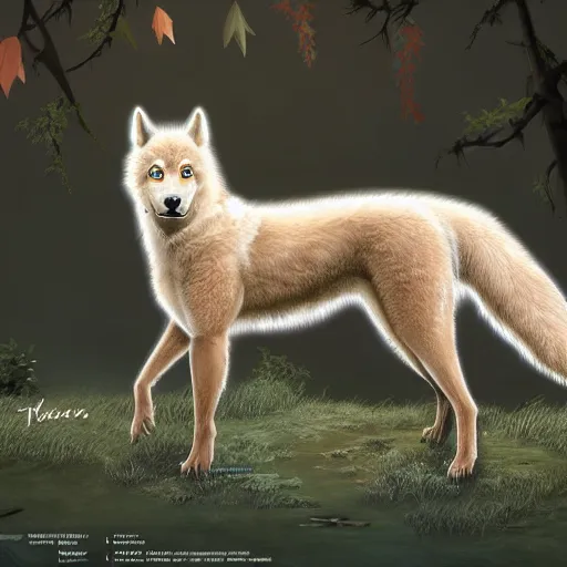 Prompt: professional stylized digital art of a full - body profile of a cream tibetan wolf, tan and light brown accents, fluffy, falling leaves, hd, 8 k, highly detailed, high quality, cute