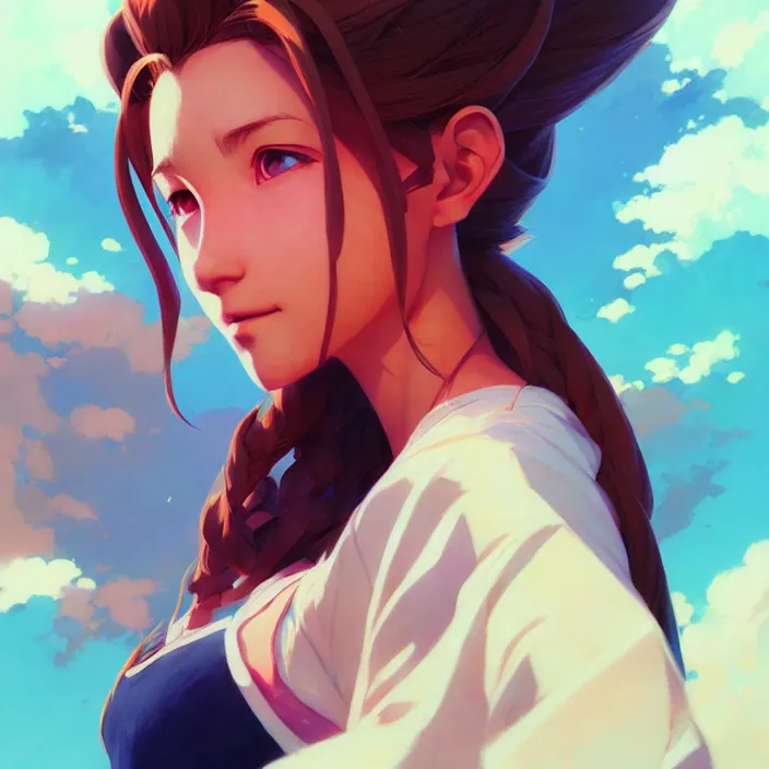 Image similar to super epically depicted color pencil portrait art of aerith gainsborough, by stephen bliss, greg rutkowski, loish, rhads, makoto shinkai and lois van baarle, ilya kuvshinov, rossdraws.