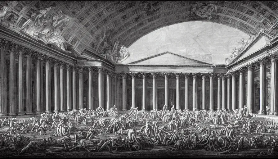 Prompt: a huge neoclassical building flooded with arms and hands, by piranesi, leica sl 2 5 0 mm, heavy grain, high quality, high detailed
