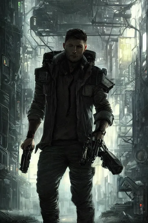 Image similar to a detailed full bodied matte portrait of an extremely handsome jensen ackles as time traveler walking down a dark alley of a futuristic dystopian cyberpunk city, holding a milkor mgl grenade launcher, aetherpunk, masterpiece, 8 k, art by greg rutkowski and albert bierstadt and arthur rackham and alphones mucha