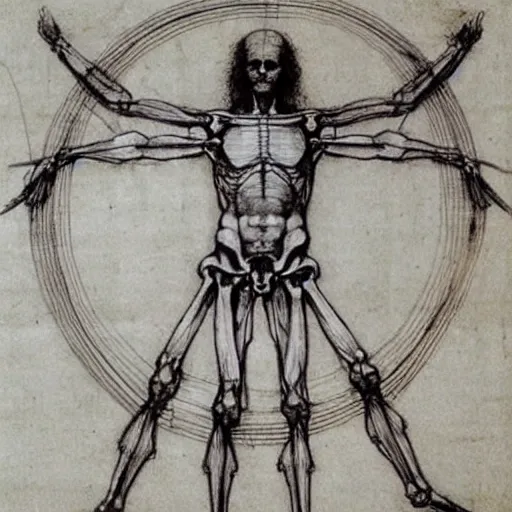 Prompt: full body anatomy sketch by Leonardo da Vinci, the vitruvian man style, highly detailed, asymmetrical, right half skeleton