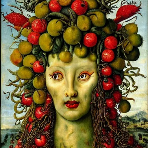 Prompt: Medusa as a fruit painting, by Giuseppe Arcimboldo