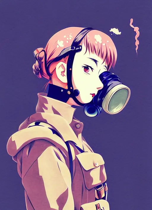 Image similar to singular girl with wearing ww 2 gas mask, ww 2 uniform, very anime!!! anime!! intricate details, aesthetically pleasing pastel colors, smoke poster background, art by conrad roset and ilya kuvshinov