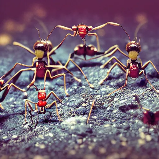 Prompt: ant rock band concert in miniature stadium for ants, full of ants, seen with a sigma 7 0 mm f _ 2. 8 macro lens, cinema 4 d, cinematic, greg rutkowski, trend