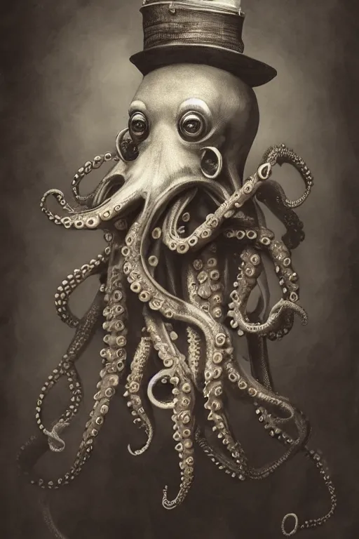 Image similar to wet plate photograph portrait of a victorian - era anthropomorphic octopus dressed in a victorian - era clothing, dramatic lighting, highly detailed, digital painting, artstation, concept art, smooth, sharp focus, illustration, art by wlop, mars ravelo and greg rutkowski