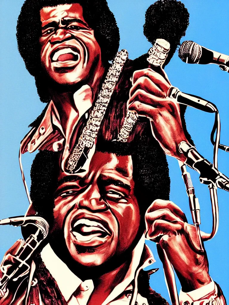 Image similar to illustration of james brown, james brown 7 0 ’ s concert poster, very fine detail, highly detailed, colored illustration, “ superbad ”,